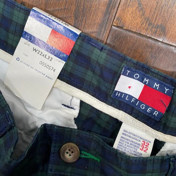 NWT Vintage Tommy Hilfiger Mens Green Blue Black Watch Plaid Pleated Pants 32x32 - Picture 4 of 7